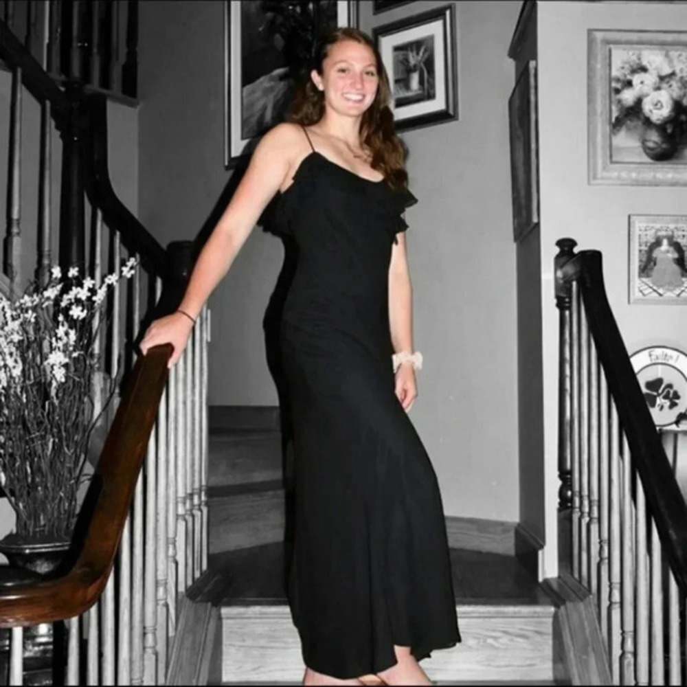 Onyx Nite Maxi Dress 10 Black Ruffle Spaghetti Strap‎ Formal Gown USA Made NWT